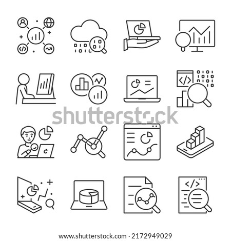 IT analytics icons set. Data analysis, big data. Data Scientist. Processing and visualization, linear icon collection. Line with editable stroke Сток-фото © 