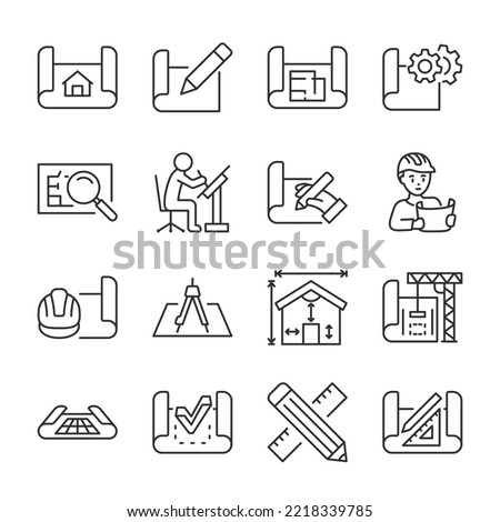 Engineering drawing icons set. Blueprint, linear icon collection. Construction, technical project. Draft sketches. Line with editable stroke