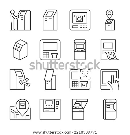 ATM icons set. Cash currency, money transactions, crediting of money, linear icon collection. Bank terminal. Line with editable stroke