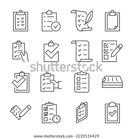 Checklist icons set. Clipboard, list and checkboxes, linear icon collection. To-do list. Line with editable stroke