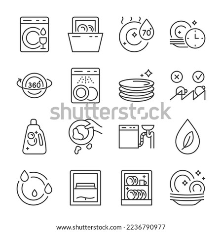Dishwasher icons set. Kitchen appliances for washing dishes and cutlery, linear icon collection. Installation and care. Wet clean dishes. Wash steps, instructions and features. Line editable stroke
