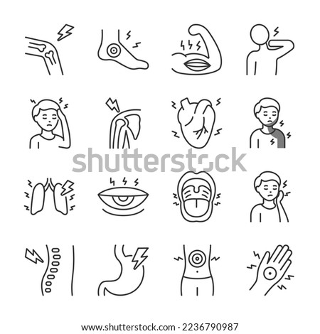 Pain icons set. Feeling of pain and showing in different parts of the body and organs, linear icon collection. Sickness and disease. Pain in the joints, heart, tooth, etc. Line with editable stroke
