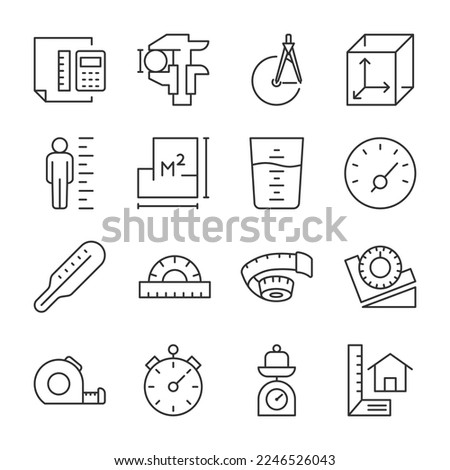 Measurement icons set. Measure, size of objects, Length, width, depth. Instruments for accurate measurement and drawing work, linear icon collection. Line with editable stroke