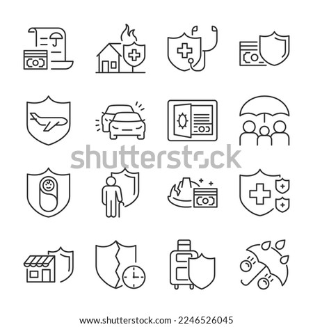 Insurance icons set. Life and property insurance. Insurance case, financial protection, property and health insurance, linear icon collection. Line with editable stroke