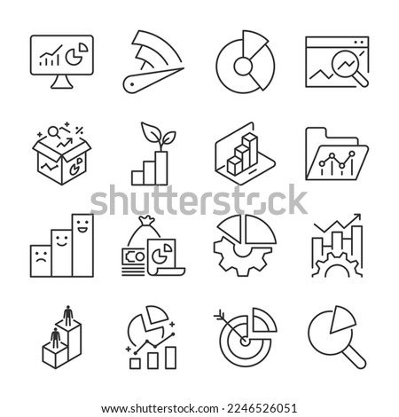Analytics, columns and diagram icons set. Analysis and statistics, visual presentation of data, linear icon collection. Line with editable stroke