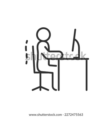 Correctly sitting at the computer, linear icon. Person sits with a straight posture at desk. Correct posture of the spinal column. Line with editable stroke