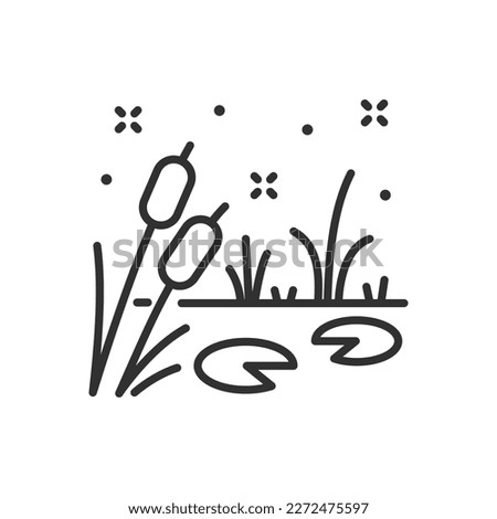 Pond with cattails and lilies, linear icon, swamp. Line with editable stroke