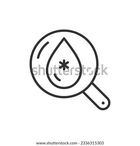 Muddy water, linear icon, Magnifying glass and contaminated water droplets. Line with editable stroke