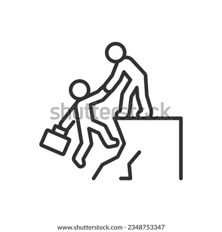 A person holds a person with a briefcase falling off a cliff, linear icon. Mentor, business partner. Help in a difficult situation, crisis. Line with editable stroke