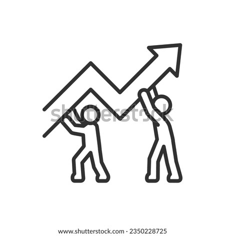 Cooperation, achieving a common goal, linear icon. People lifting and holding the arrow up, growth chart, team growth and success. Line with editable stroke