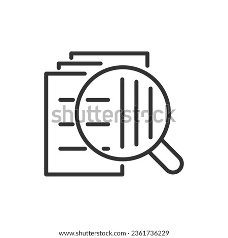 Searching for a document, linear icon. Analysing and studying documents. The magnifying glass and documents. Line with editable stroke