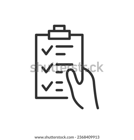Hand holding the checklist with the checkmarks, linear icon. Line with editable stroke