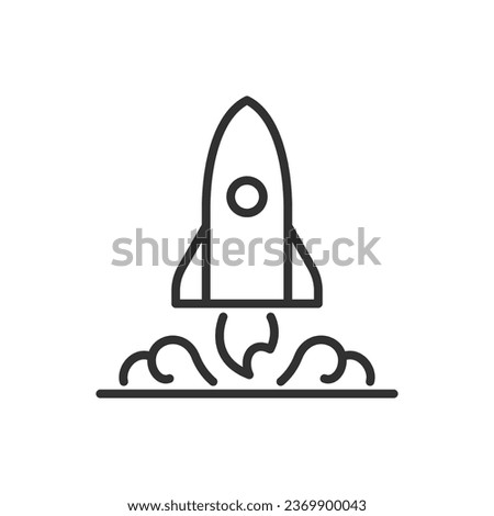 Rocket taking off, linear icon, fire and smoke. Line with editable stroke