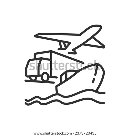 Logistics transport, routes and delivery methods, linear icon. By air, by land, by water. Plane, truck, ship. Line with editable stroke