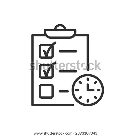 Time and tasks, linear icon. Checklist and clock. Line with editable stroke