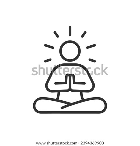 Meditation enlightenment, linear icon. Person in lotus posture exudes rays. Line with editable stroke