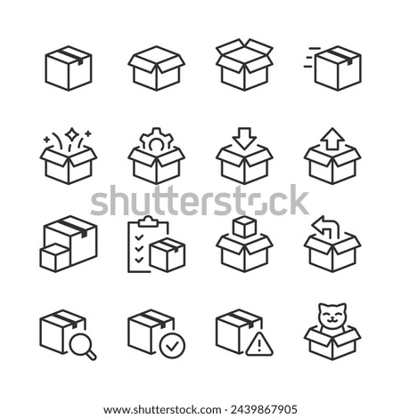 Box, icon set. Parcel linear icons. Open, Closed, Packages and more. Gears, Arrows, Checklists, Surprise Items, Magnifiers, Warnings, and Cat. Line with editable stroke