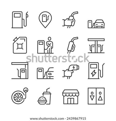 Gas station, icon set. Filling Station. Gas, EV Charging, and Service: Fuel Pump, Gas Nozzle, Car, Charging Stations, Tire Inflation, Convenience Store, Restroom, and More. Line with editable stroke