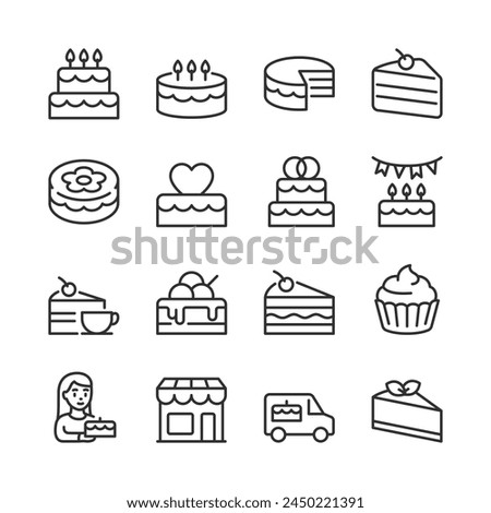 Cake, icon set. Bakery linear icons. Birthday, Wedding Cakes, Ice Cream Cake, Cupcake, Cheesecake. Line with editable stroke