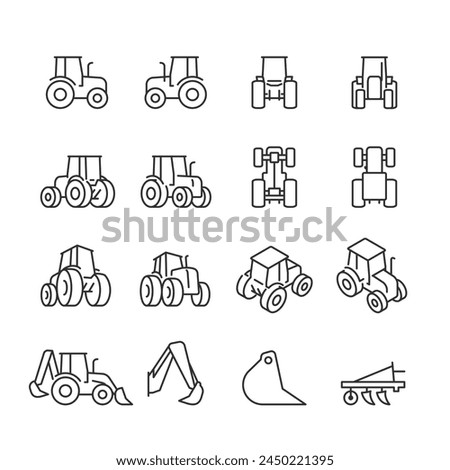 Tractor, icon set. Different Angles. Tractor from Various Angles Front, Rear, Side, Bottom, Top Views. Different Projections. Line with editable stroke