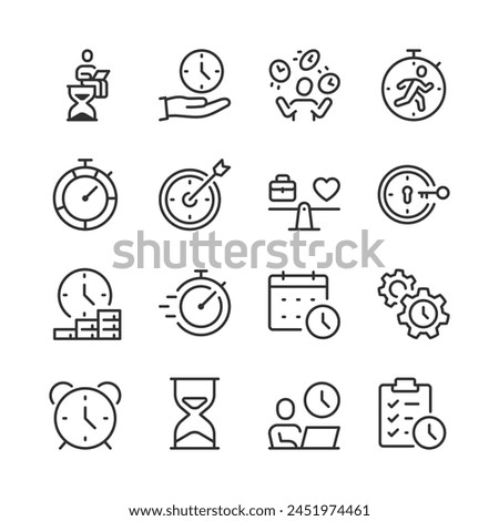 Effective Time and Resource Management, icon set. Work, Rest, Deadlines, and Productive Time Allocation. Clocks, Work, Leisure, Meeting, Work Hours, Meet Deadlines. Line with editable stroke