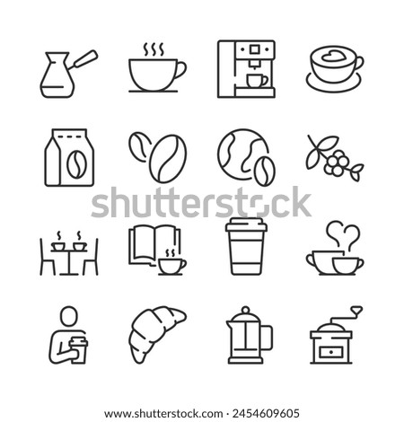 Coffee Culture icon set. Enjoying Coffee. Attributes for Brew and Drinking linear icons. Cezve, Cup, Coffee Machine, Beans, Packaging, Grinder, Café Table, etc. Line with editable stroke