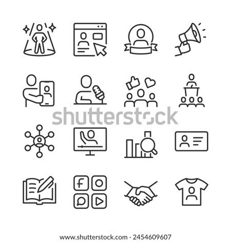 Personal Branding, icon set. Self-Promotion. Visibility, Audience Engagement, Reputation, Marketing, Social Media, Communication, Audience, Communication, Online presence. Line with editable stroke