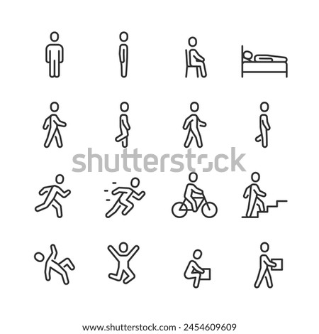 Person Movement, icon set. Figure in Various Poses. Standing, Sitting, Lying Down, Walking, Running, Sprinting, Riding a Bicycle, Climbing Stairs, Falling, Jumping, Lifting. Line with editable stroke