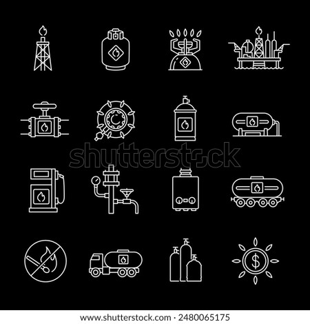 Propane gas, white line icons. Mining, shipping, processing, and storage of gas. industrial and energy themes. Symbols on black background. Editable stroke.