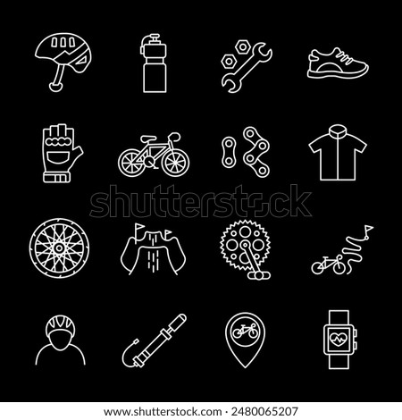 Bicycle sport, white line icons. Cycling and bike racing symbols. sports and outdoor activity themes. Symbols on black background. Editable stroke.