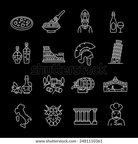 Italy, white line icons. Icons depicting Italian attractions and cultural symbols. travel and cultural themes. Symbols on black background. Editable stroke.