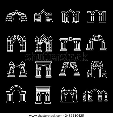 Architectural arches, white line icons. Icons of architectural arches and old buildings. Ideal for construction and historical themes. Symbols on black background. Editable stroke.