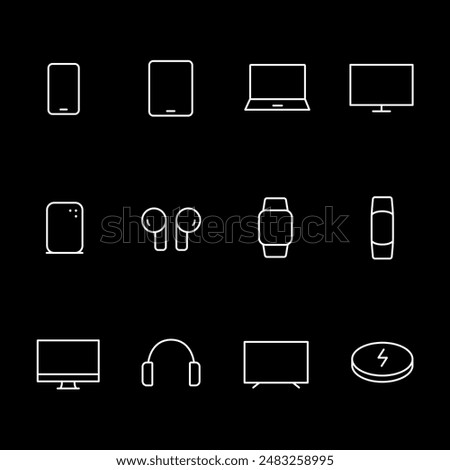 Electronic devices, white line icons. Gadgets like smartphones, headphones, and smart bracelets. tech and lifestyle themes. Symbols on black background. Editable stroke.