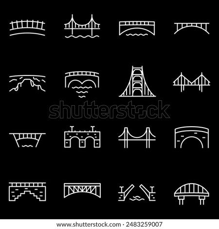 Bridges, white line icons. Various bridge designs and structures. architecture and infrastructure themes. Symbols on black background. Editable stroke.