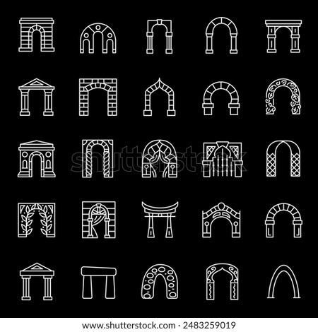 Architectural arches, white line icons. Arches made from various materials. construction and design themes. Symbols on black background. Editable stroke.