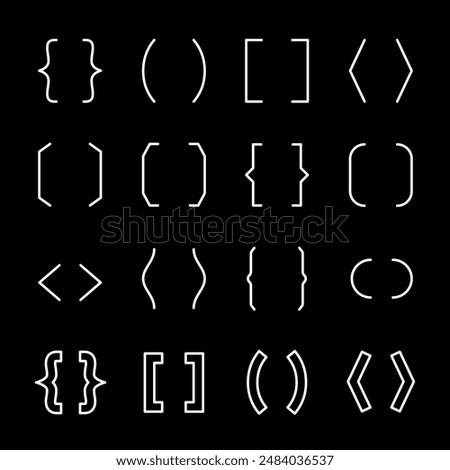 Brackets, white line icons. Typography symbols of various shapes. Essential for editorial and design themes. Symbols on black background. Editable stroke.