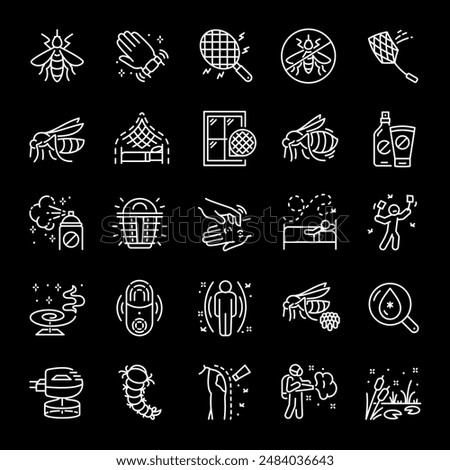 Mosquitoes, white line icons. Mosquito repellent, protection products, and symbols for mosquito-related themes. Ideal for health and outdoor themes. Symbols on black background. Editable stroke.