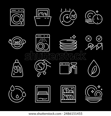 Dishwasher, white line icons. Kitchen appliances designed for washing dishes and cutlery, including installation and care instructions. Symbols on black background. Editable stroke.