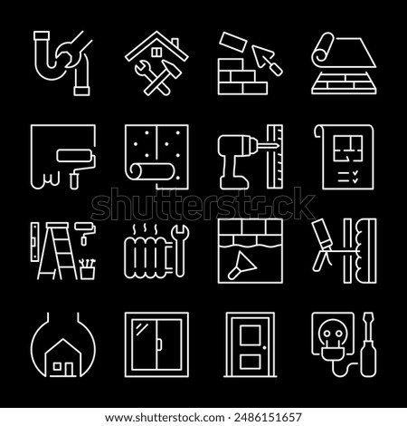 Home repair, white line icons. Tools and equipment for household renovations and improvements. Essential for DIY and maintenance themes. Symbols on black background. Editable stroke.