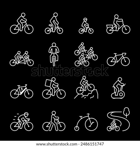 Bicycles and cyclists, white line icons. Bicycle rides and related activities. Perfect for promoting cycling and outdoor activities. Symbols on black background. Editable stroke.