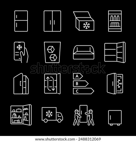 Refrigerators, white line icons. Icons depicting refrigeration equipment for freezing and storing food. Essential for home appliance and culinary themes. Symbols on black background. Editable stroke.