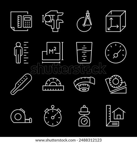 Measurement tools, white line icons. Instruments for accurate measurement of length, width, and depth. Essential for engineering and construction visuals. Symbols on black background. Editable stroke.