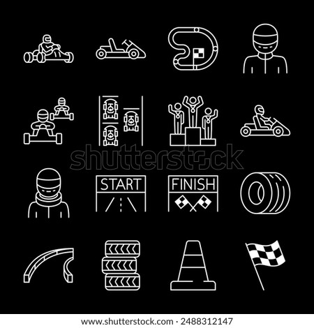 Karting, white line icons. Road racing on go-karts and shifter karts, including racing attributes. Perfect for motorsport and recreational themes. Symbols on black background. Editable stroke.