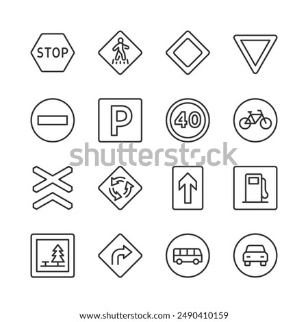 Road Signs, Icon Set. Various Signs for Drivers and Pedestrians. Stop Sign, Pedestrian Crossing, Main Road, Yield Sign, No Entry, Parking, Speed Limit, Bus Stop, Car, etc. Line with editable stroke