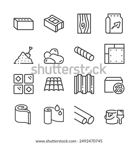 Building Materials, Icon Set. Materials for Construction and Cladding. Brick, Wood, Cement, Sand, Gravel, Rebar, Drywall, Ceramic Tile, Foam Block, Aerated Concrete, etc. Line with editable stroke