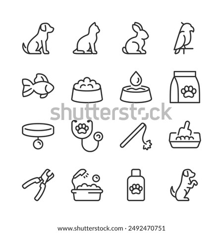 Animals and Pet Care, Icon Set. Various Pets and Items for Their Care. Pet Care and Veterinary. Dog, Cat, Rabbit, Parrot, Fish, Food, Water, Collar, Toy, Bath, Training, etc. Line with editable stroke