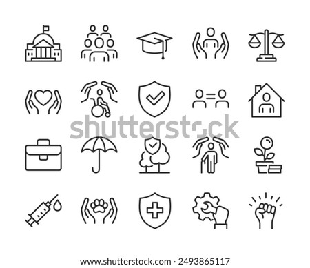 Social Policy, Icon Set. Quality of Life, Social Justice, and Equal Opportunities. Education, Healthcare, Safety, Disability Support, Legal Aid. Policy and Social Welfare. Line with editable stroke