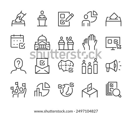 Vote and Election, Icon Set. Voting, Ballot Paper, Debates, Online Voting, Statistics, Rally, Campaign, Candidate, Voting Box, Election Day. Civic Engagement and politics. Line with editable stroke