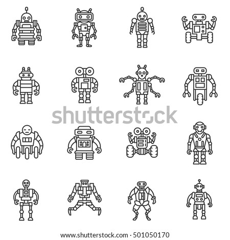 Robot, icons set. Bot, symbols collection. Electromechanical machine, isolated vector illustration. Humanoid robot, linear design.