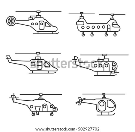 helicopters icons set. aircraft, thin line design. helicopter side, linear symbols collection